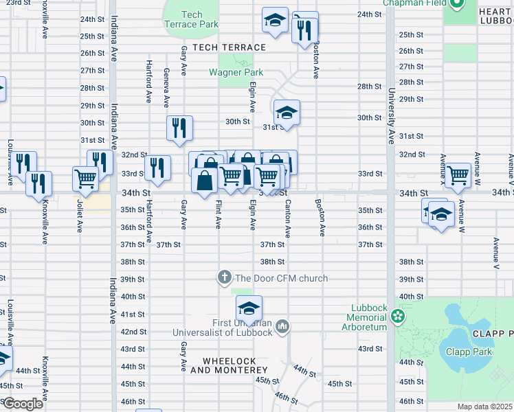 map of restaurants, bars, coffee shops, grocery stores, and more near 2818 35th Street in Lubbock