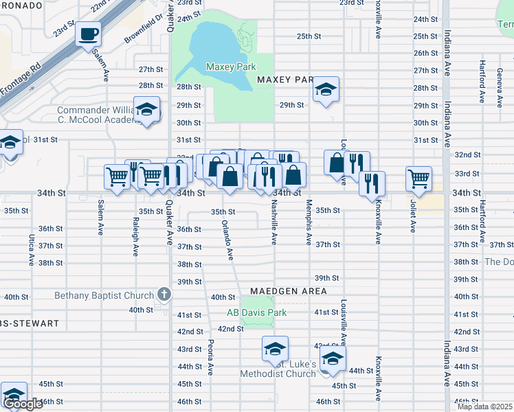 map of restaurants, bars, coffee shops, grocery stores, and more near 4102 35th Street in Lubbock