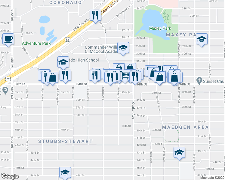 map of restaurants, bars, coffee shops, grocery stores, and more near 4514 35th Street in Lubbock