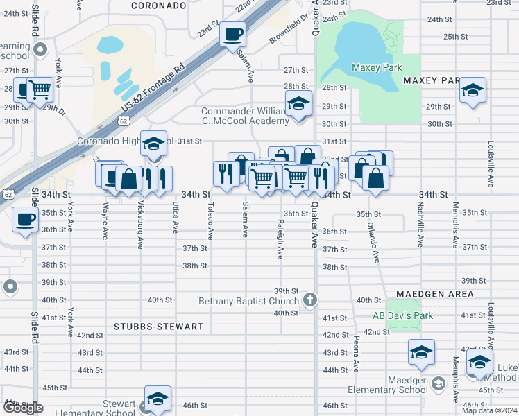map of restaurants, bars, coffee shops, grocery stores, and more near 4514 35th Street in Lubbock
