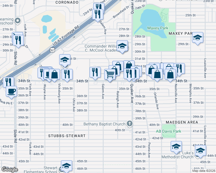 map of restaurants, bars, coffee shops, grocery stores, and more near 4514 35th Street in Lubbock