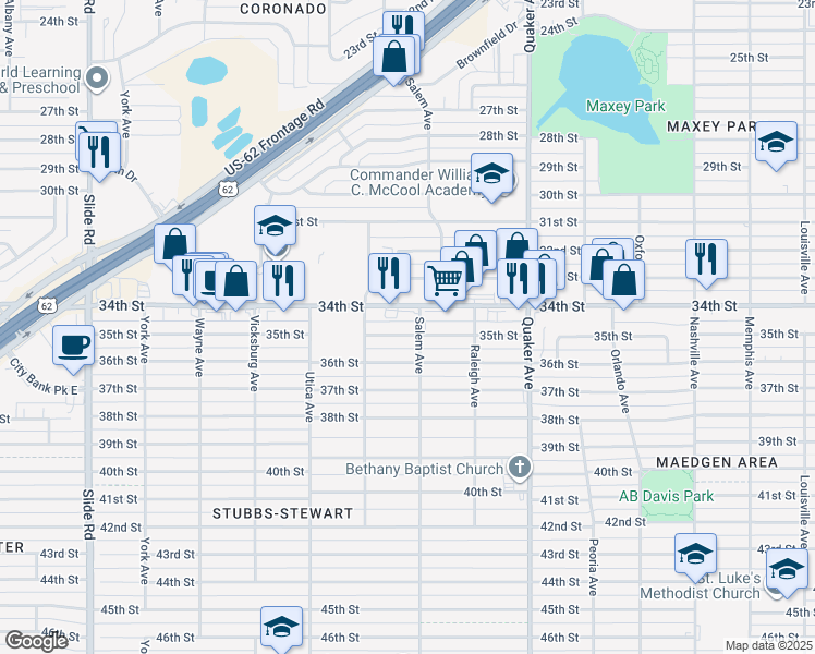 map of restaurants, bars, coffee shops, grocery stores, and more near 4608 35th Street in Lubbock