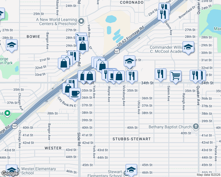 map of restaurants, bars, coffee shops, grocery stores, and more near 4920 35th Street in Lubbock