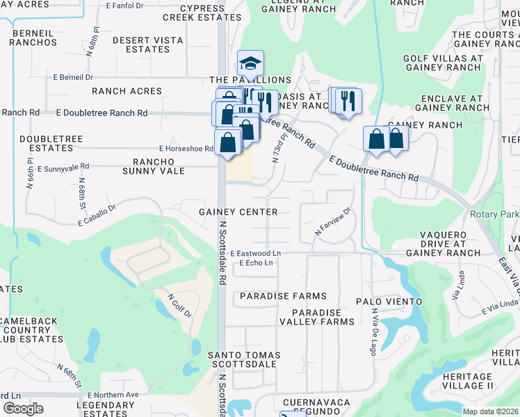 map of restaurants, bars, coffee shops, grocery stores, and more near 7286 East Woodsage Lane in Scottsdale
