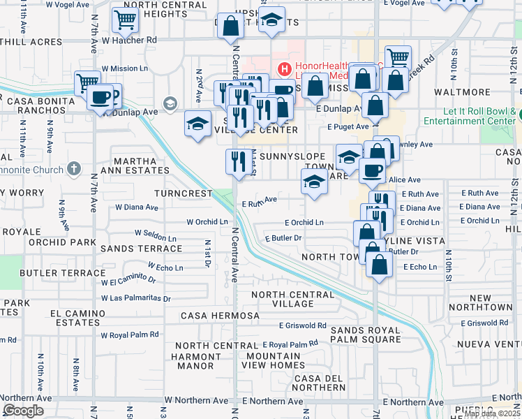 map of restaurants, bars, coffee shops, grocery stores, and more near 33 East Ruth Avenue in Phoenix