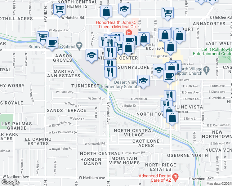 map of restaurants, bars, coffee shops, grocery stores, and more near 33 East Ruth Avenue in Phoenix