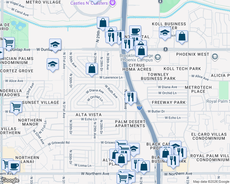 map of restaurants, bars, coffee shops, grocery stores, and more near 2729 West Ruth Avenue in Phoenix