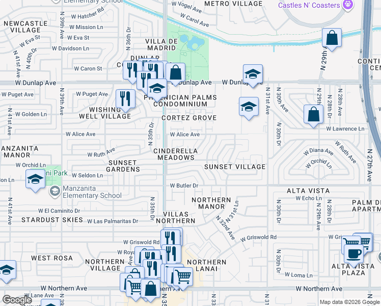 map of restaurants, bars, coffee shops, grocery stores, and more near 3405 West Diana Avenue in Phoenix