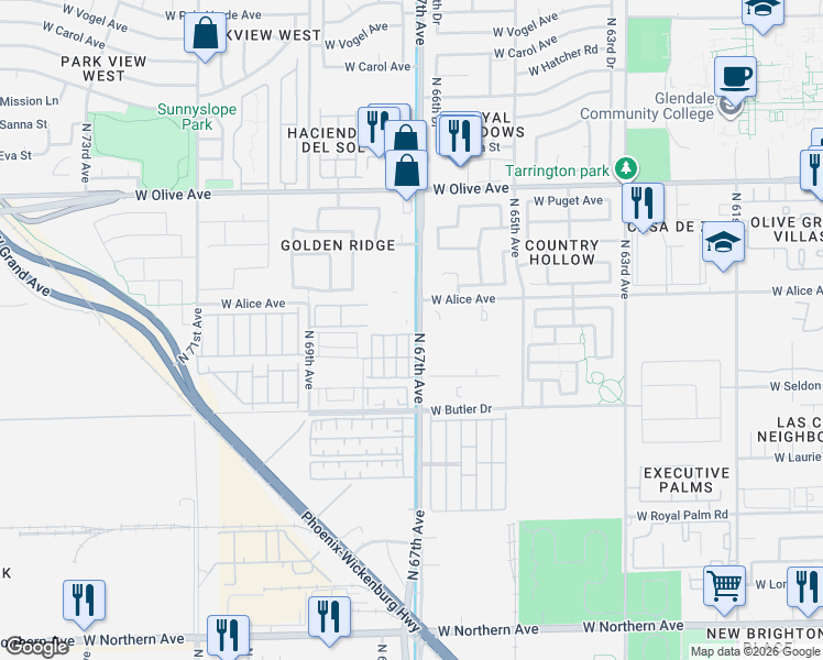 map of restaurants, bars, coffee shops, grocery stores, and more near 6702 West Ruth Avenue in Peoria