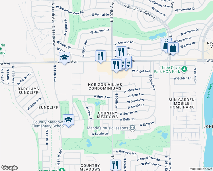 map of restaurants, bars, coffee shops, grocery stores, and more near 8734 North 106th Lane in Peoria
