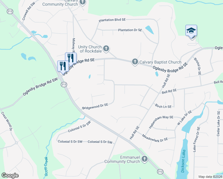 map of restaurants, bars, coffee shops, grocery stores, and more near 246 Bridgewood Drive Southeast in Conyers