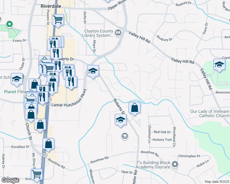 map of restaurants, bars, coffee shops, grocery stores, and more near 7101 Brookview Way in Riverdale