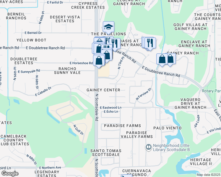 map of restaurants, bars, coffee shops, grocery stores, and more near 7286 East Woodsage Lane in Scottsdale