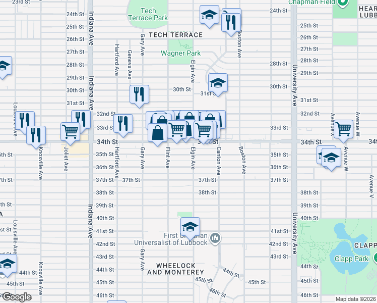 map of restaurants, bars, coffee shops, grocery stores, and more near 3004 35th Street in Lubbock