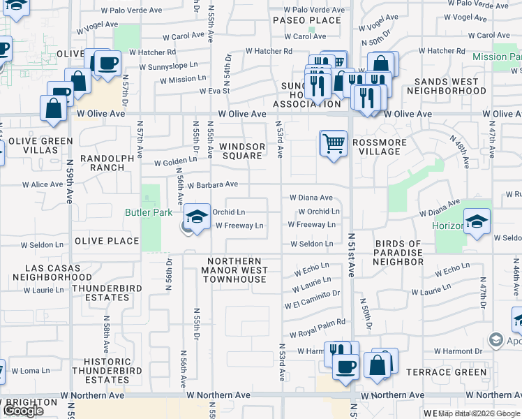 map of restaurants, bars, coffee shops, grocery stores, and more near 5326 West Orchid Lane in Glendale