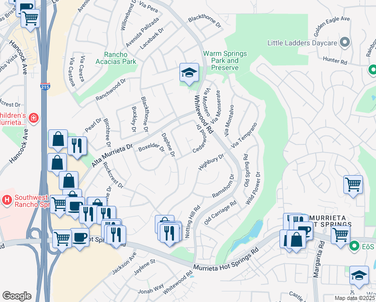 map of restaurants, bars, coffee shops, grocery stores, and more near 25567 Woodside Circle in Murrieta