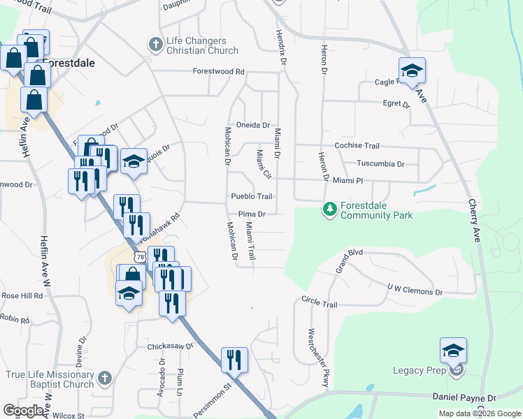 map of restaurants, bars, coffee shops, grocery stores, and more near 720 Pima Drive in Birmingham
