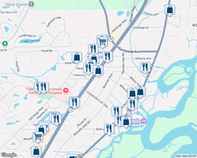 map of restaurants, bars, coffee shops, grocery stores, and more near 3911 U.S. 17 in Murrells Inlet