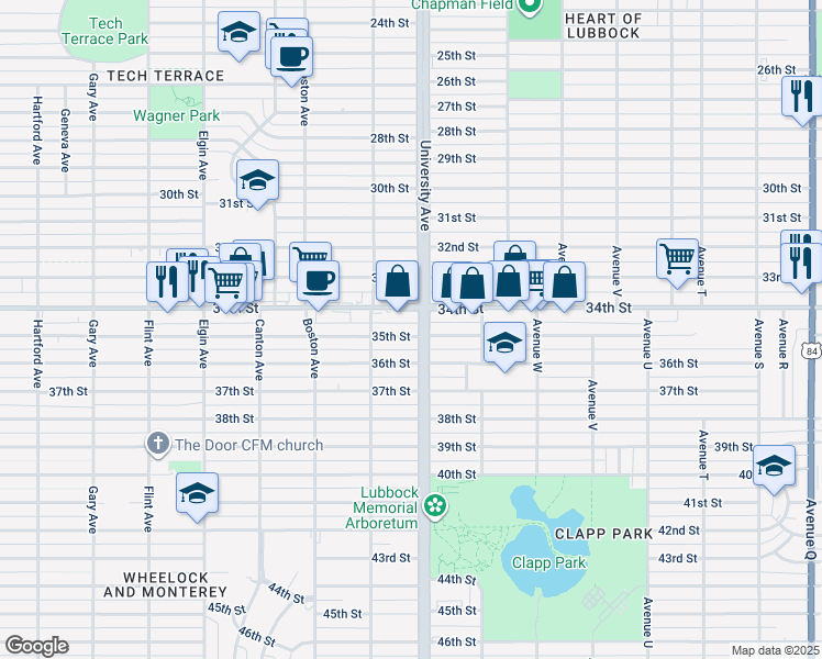 map of restaurants, bars, coffee shops, grocery stores, and more near 2506 35th Street in Lubbock