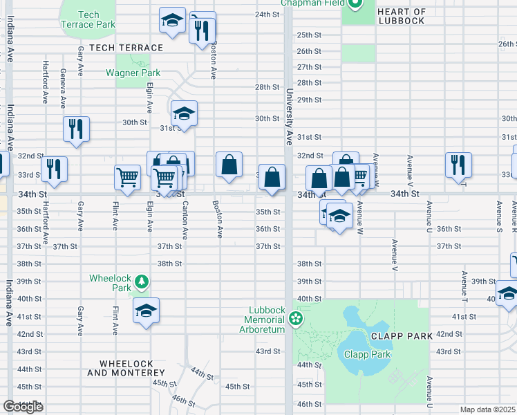 map of restaurants, bars, coffee shops, grocery stores, and more near 2520 35th Street in Lubbock