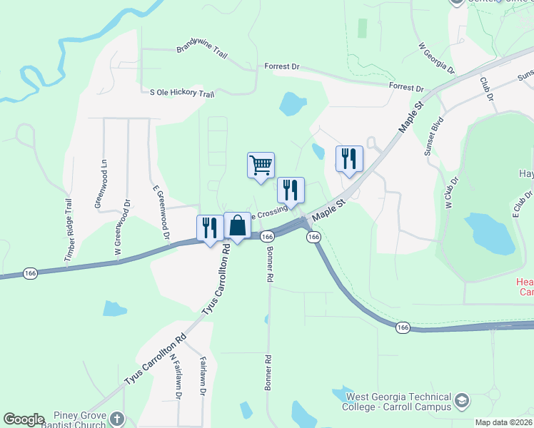 map of restaurants, bars, coffee shops, grocery stores, and more near Maple Crossing in Carrollton