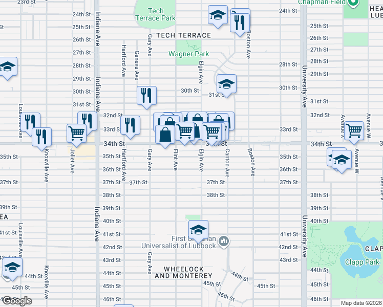 map of restaurants, bars, coffee shops, grocery stores, and more near 3008 35th Street in Lubbock