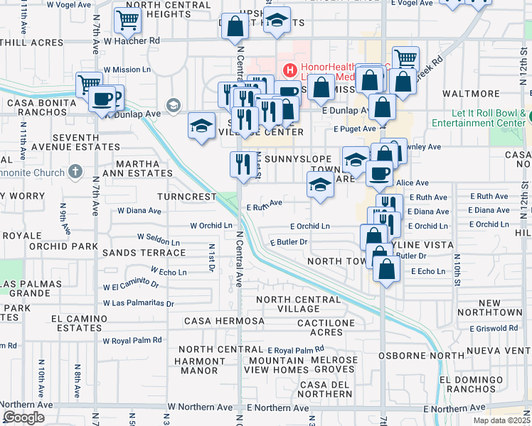 map of restaurants, bars, coffee shops, grocery stores, and more near 33 East Ruth Avenue in Phoenix