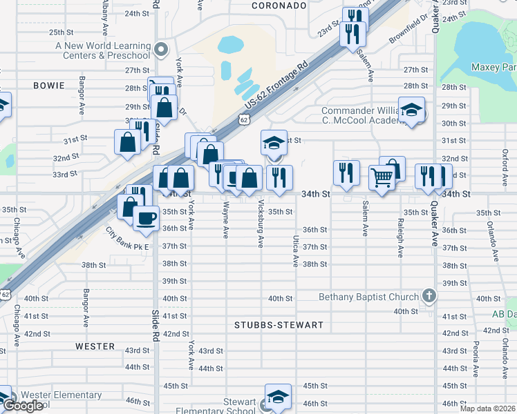 map of restaurants, bars, coffee shops, grocery stores, and more near 4902 35th Street in Lubbock