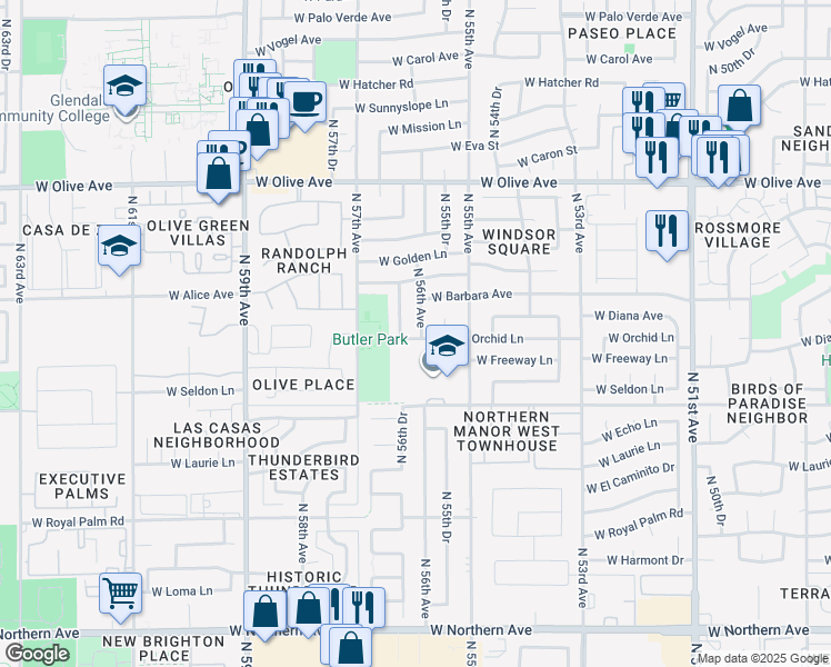 map of restaurants, bars, coffee shops, grocery stores, and more near 8601 North 56th Avenue in Glendale