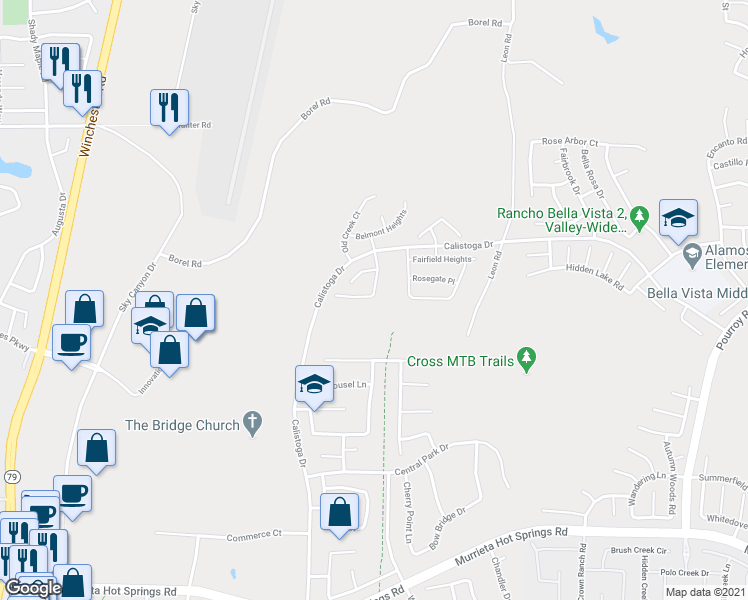 map of restaurants, bars, coffee shops, grocery stores, and more near 38436 Windingwalk Drive in Murrieta