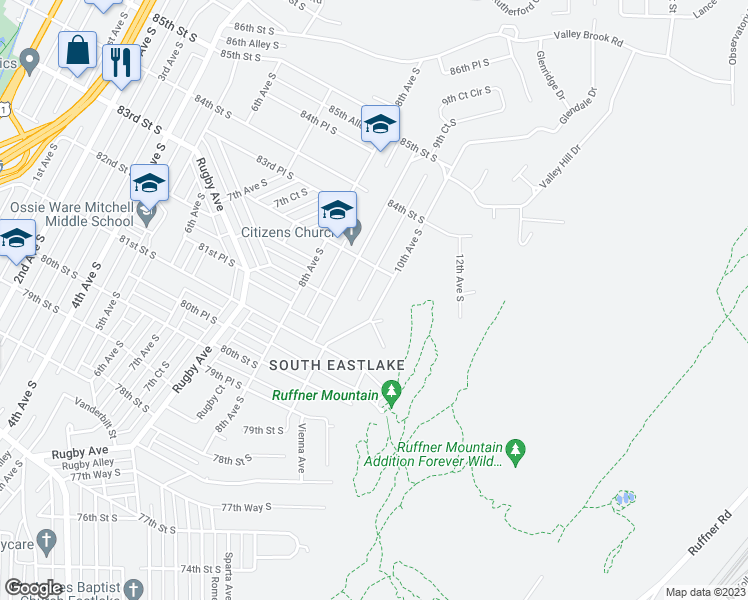 map of restaurants, bars, coffee shops, grocery stores, and more near 8212 10th Avenue South in Birmingham