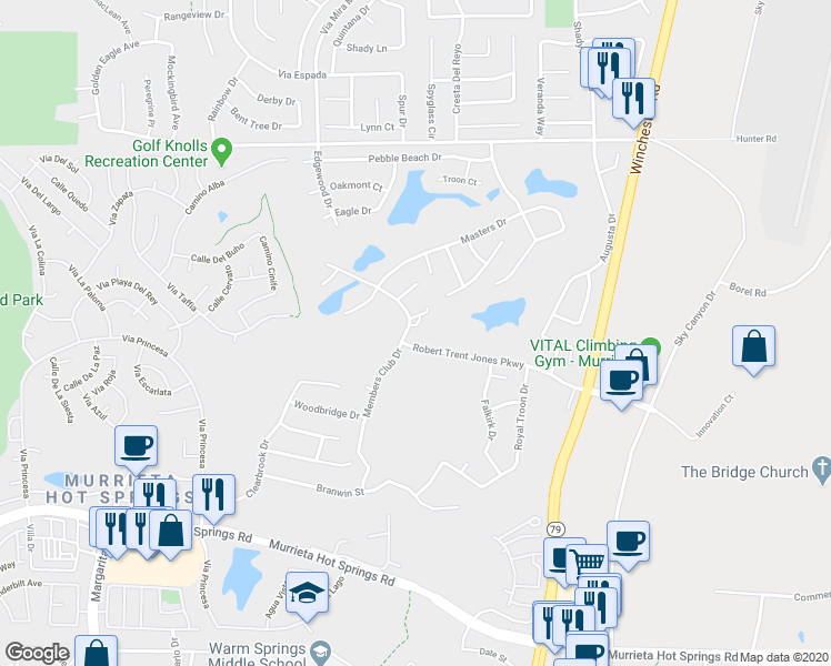 map of restaurants, bars, coffee shops, grocery stores, and more near 39500 Robert Trent Jones Parkway in Murrieta