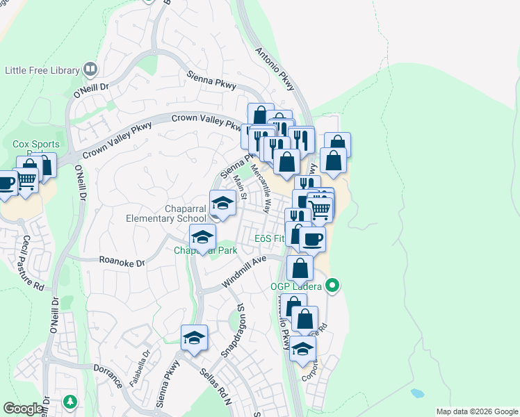 map of restaurants, bars, coffee shops, grocery stores, and more near 602 Mercantile Way in Ladera Ranch