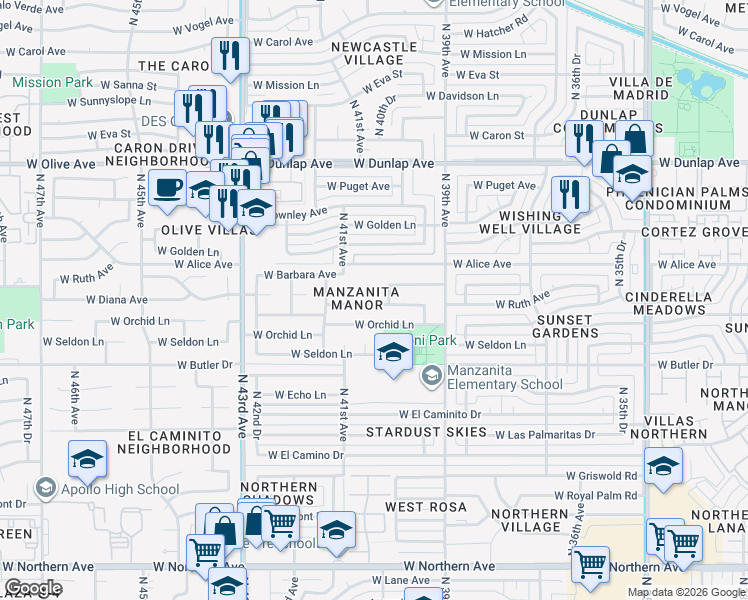 map of restaurants, bars, coffee shops, grocery stores, and more near 8601 North 40th Drive in Phoenix