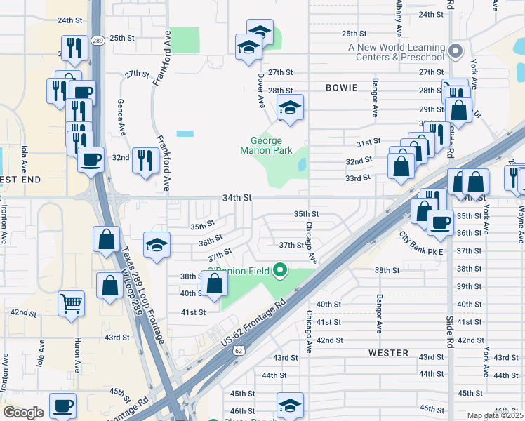 map of restaurants, bars, coffee shops, grocery stores, and more near 5526 35th St in Lubbock