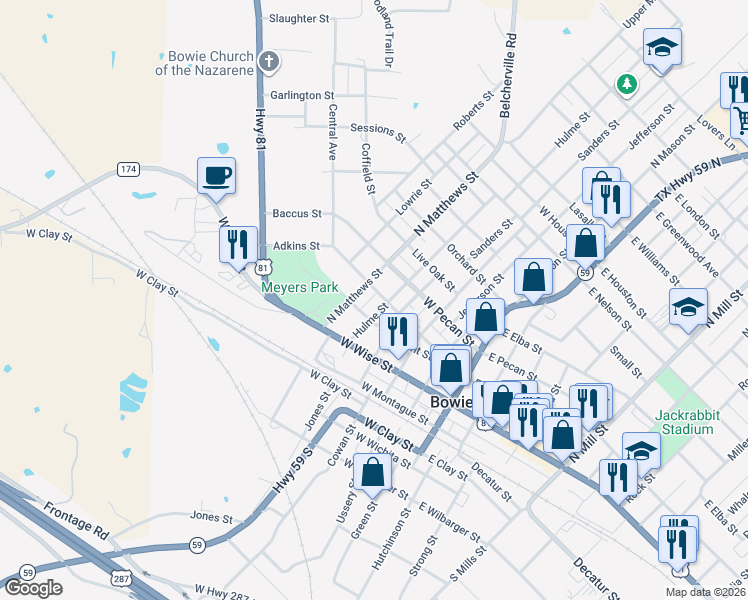map of restaurants, bars, coffee shops, grocery stores, and more near 507 West Tarrant Street in Bowie