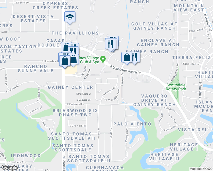 map of restaurants, bars, coffee shops, grocery stores, and more near 7487 East Timberlane Court in Scottsdale
