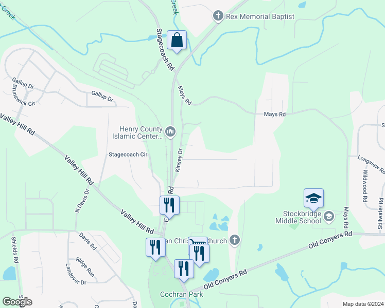 map of restaurants, bars, coffee shops, grocery stores, and more near 105 Valerie Court in Stockbridge