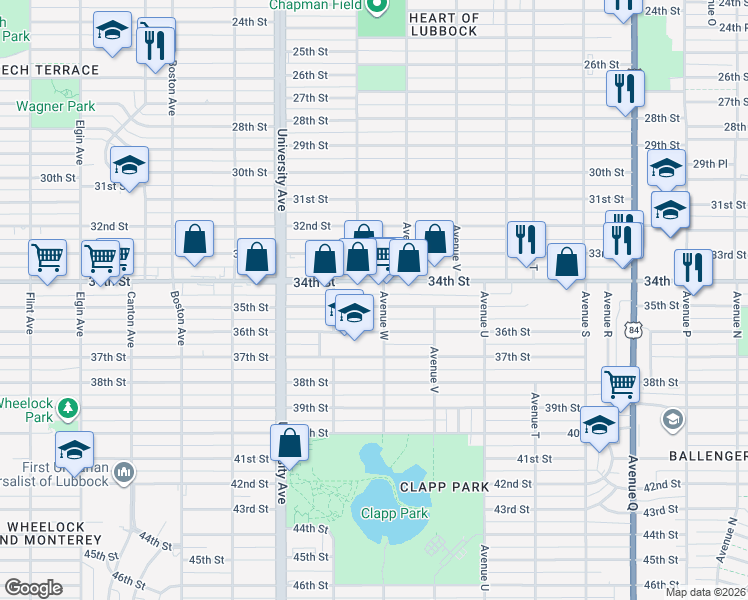 map of restaurants, bars, coffee shops, grocery stores, and more near 2304 35th Street in Lubbock