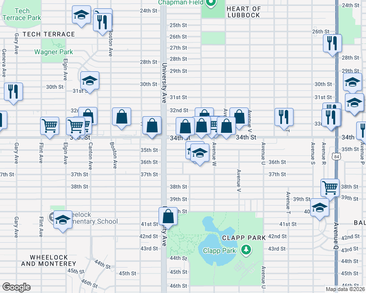 map of restaurants, bars, coffee shops, grocery stores, and more near 2412 35th Street in Lubbock
