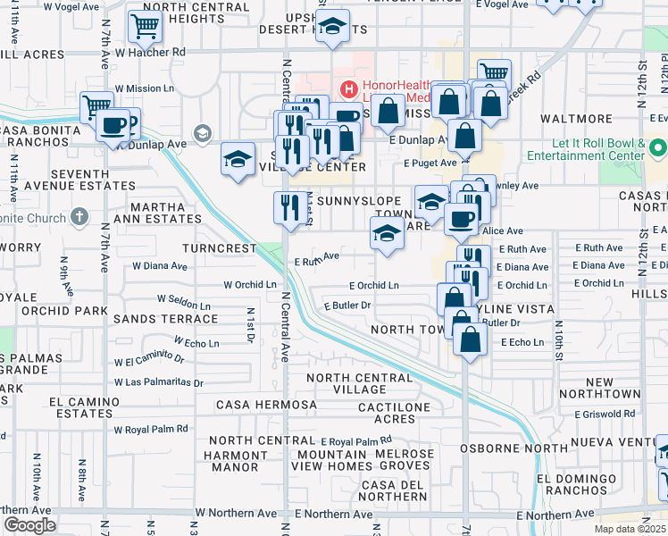 map of restaurants, bars, coffee shops, grocery stores, and more near 205 East Ruth Avenue in Phoenix