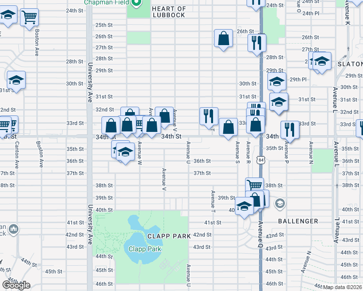 map of restaurants, bars, coffee shops, grocery stores, and more near 3410 Avenue U in Lubbock