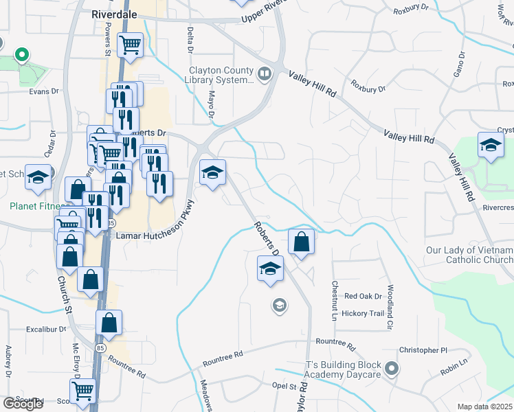 map of restaurants, bars, coffee shops, grocery stores, and more near 7101 Brookview Way in Riverdale