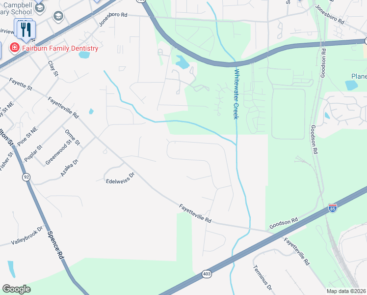 map of restaurants, bars, coffee shops, grocery stores, and more near 107 Fellowship Road in Fairburn