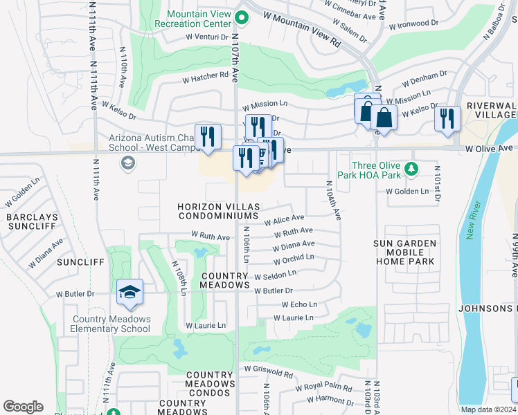 map of restaurants, bars, coffee shops, grocery stores, and more near 8744 N 106th Ave in Peoria