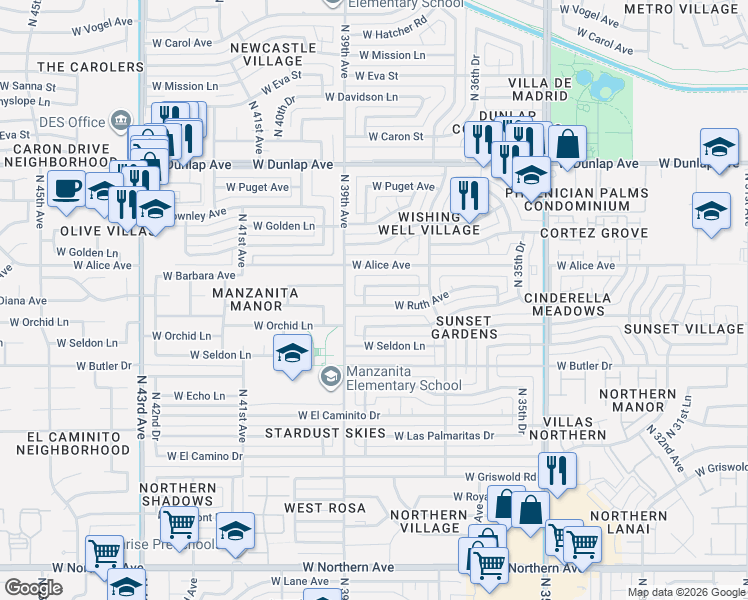 map of restaurants, bars, coffee shops, grocery stores, and more near 3814 West Ruth Avenue in Phoenix