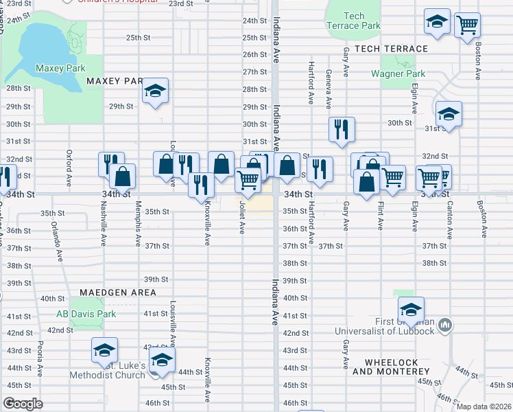 map of restaurants, bars, coffee shops, grocery stores, and more near 3405 34th Street in Lubbock