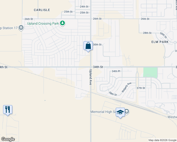 map of restaurants, bars, coffee shops, grocery stores, and more near 3404 Upland Avenue in Lubbock