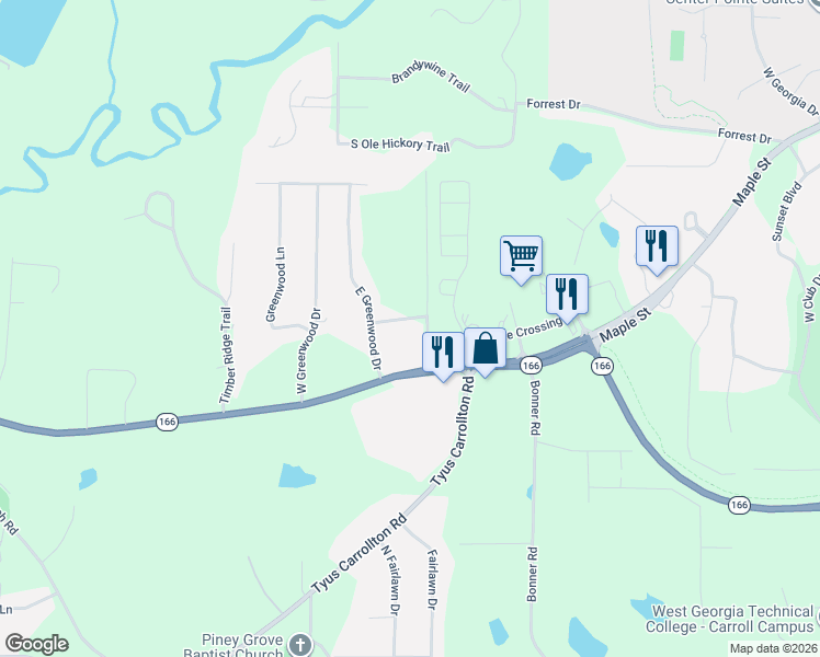 map of restaurants, bars, coffee shops, grocery stores, and more near 55 South Greenwood Drive in Carrollton