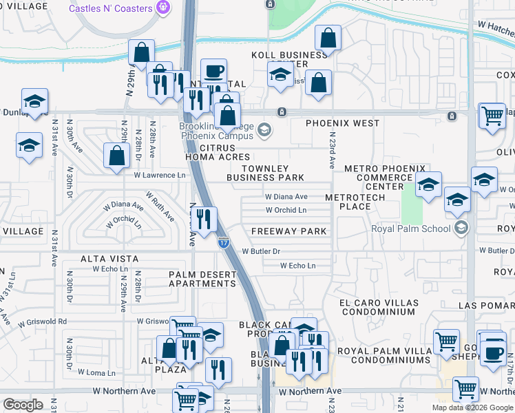 map of restaurants, bars, coffee shops, grocery stores, and more near 2508 W Orchid Ln in Phoenix